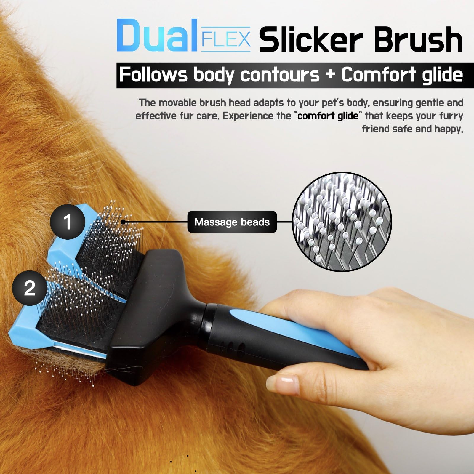 iToleeve Dual Flex Slicker Brush grooming session image highlights easy de-shedding.