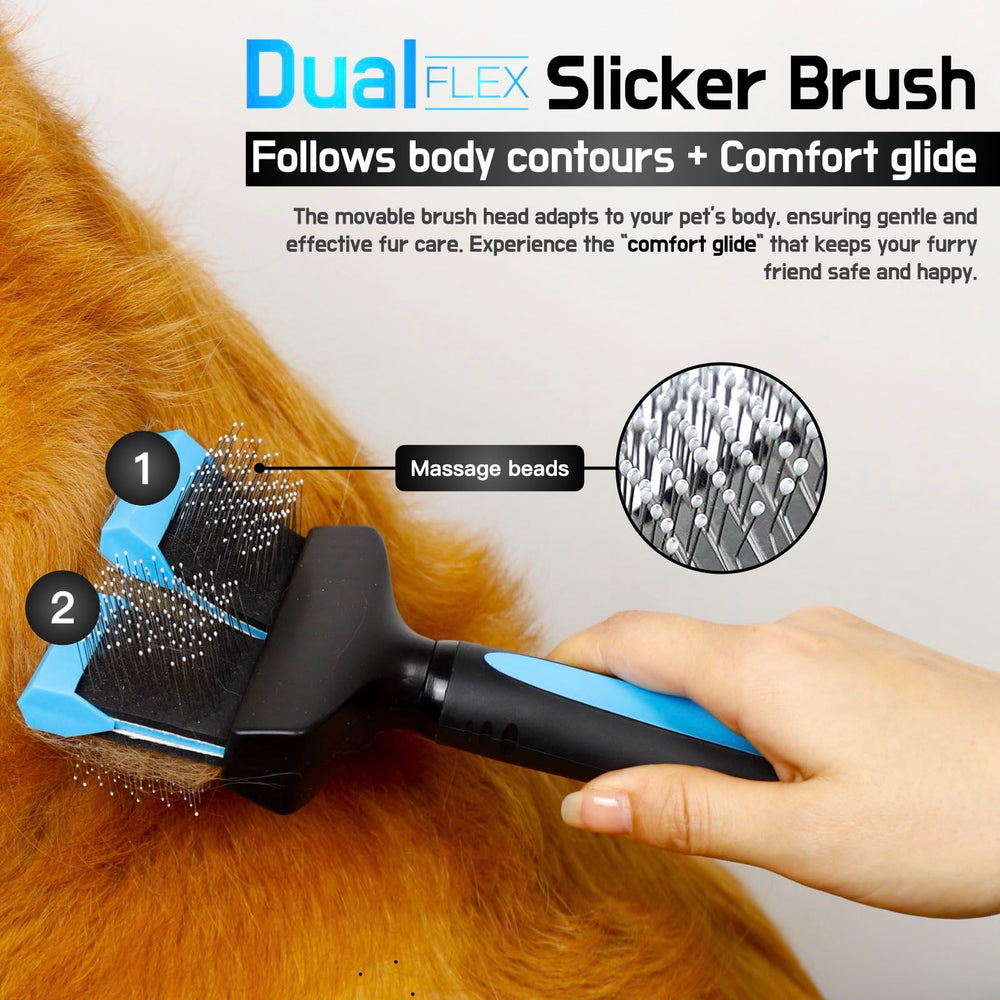 iToleeve Dual Flex Slicker Brush grooming session image highlights easy de-shedding.