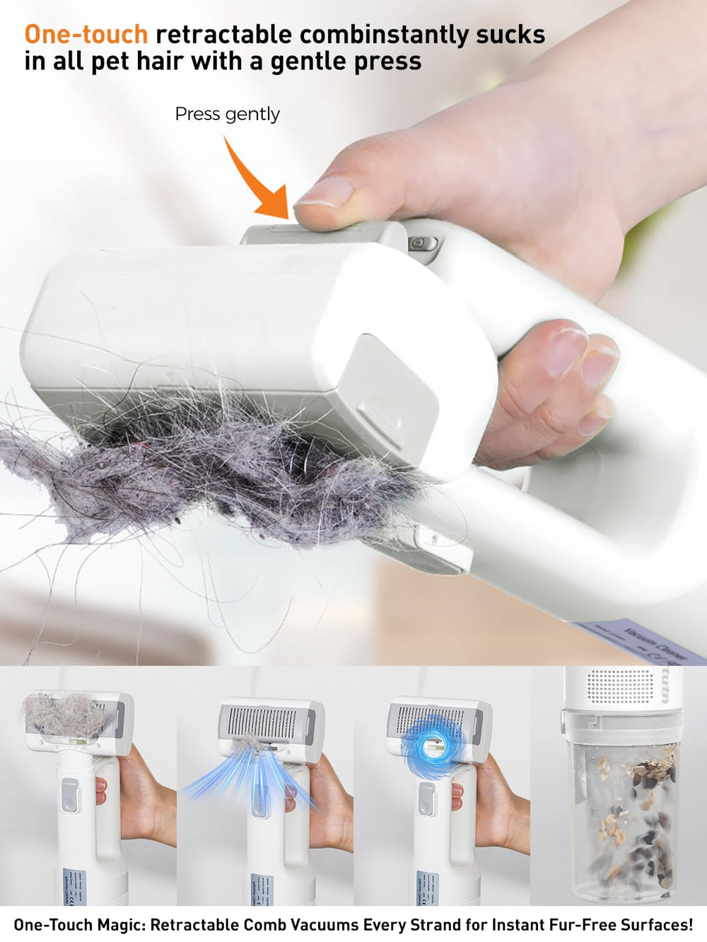itutn one-touch-pet-hair-removal streamlines cleanup by retracting brush and releasing hair into the dustbin.