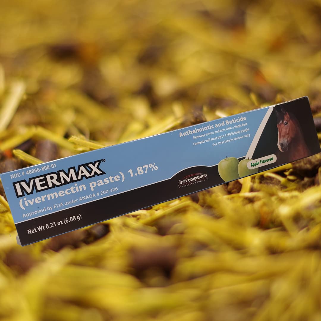 Ivermax apple-flavored ivermectin paste bottle closeup highlighting palatable formula