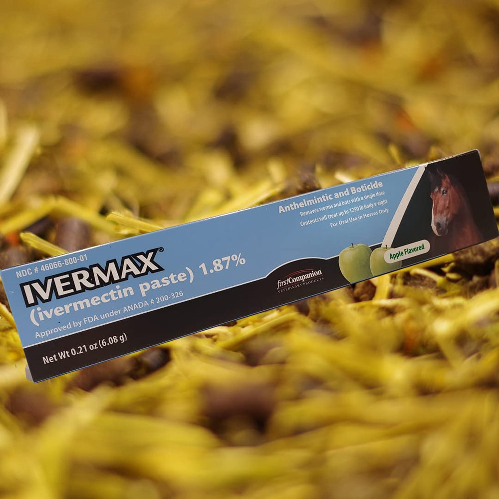 Ivermax apple-flavored ivermectin paste bottle closeup highlighting palatable formula