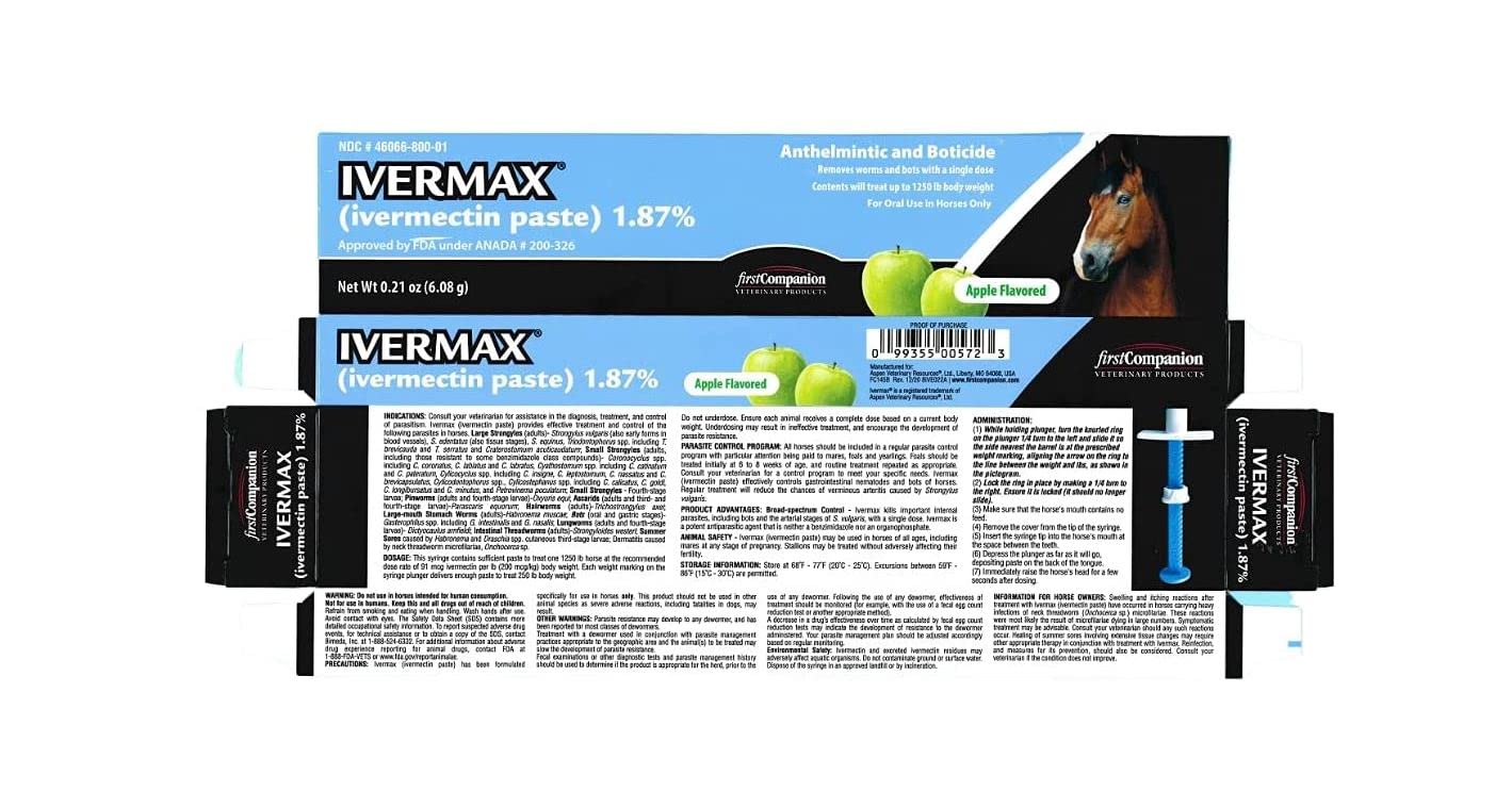 Ivermax paste tube front label demonstrates dosage for simple, horse-ready administration.