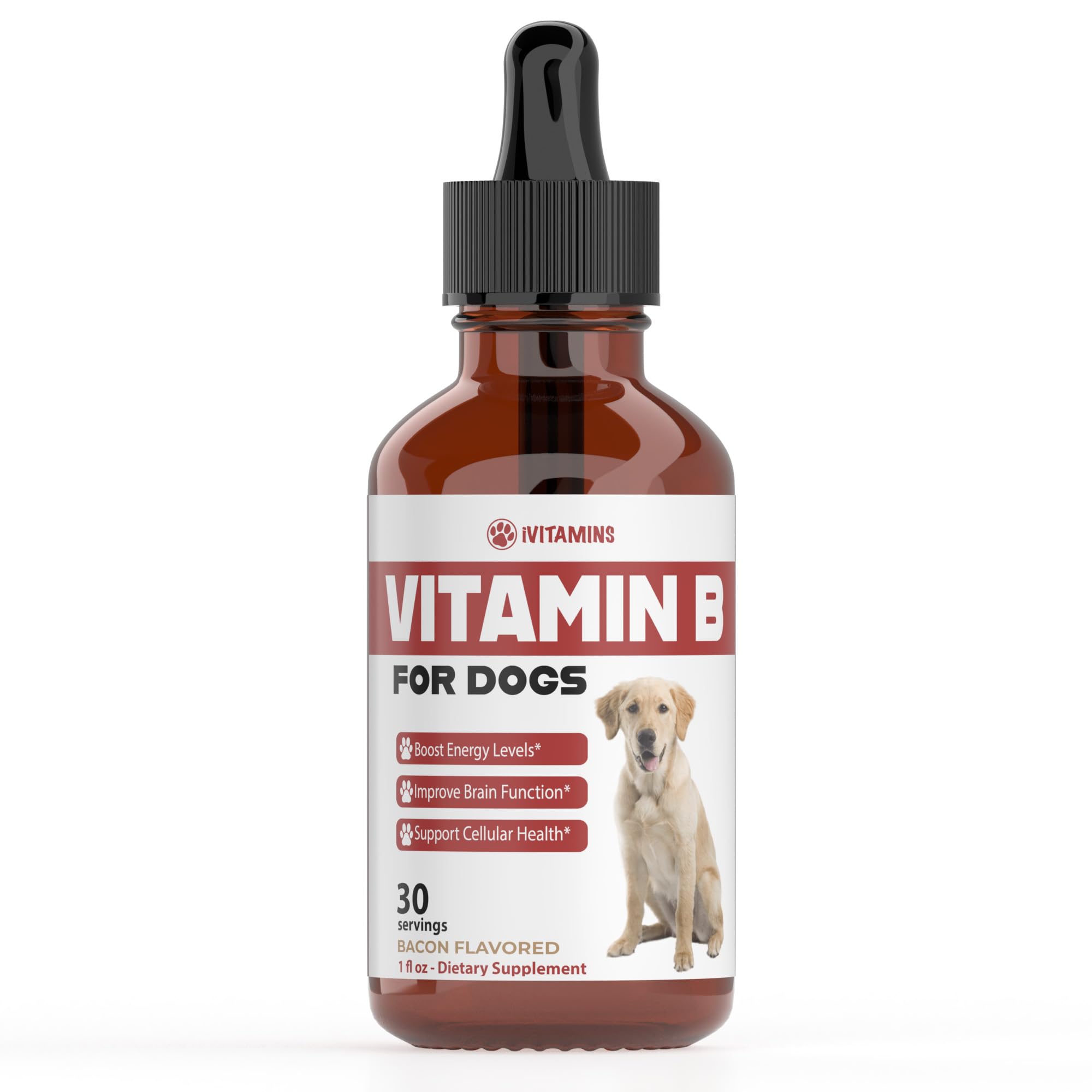 iVitamins Vitamin B for Dogs bacon-flavor bottle shows energy support