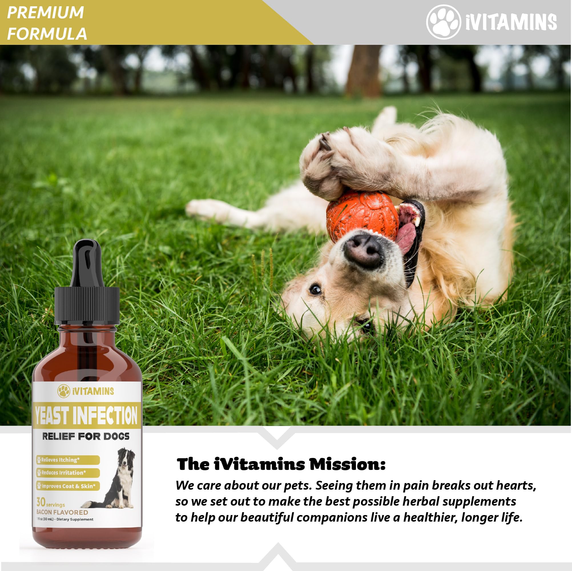iVitamins yeast-treatment label highlights cruelty-free fast-absorption benefits for dogs