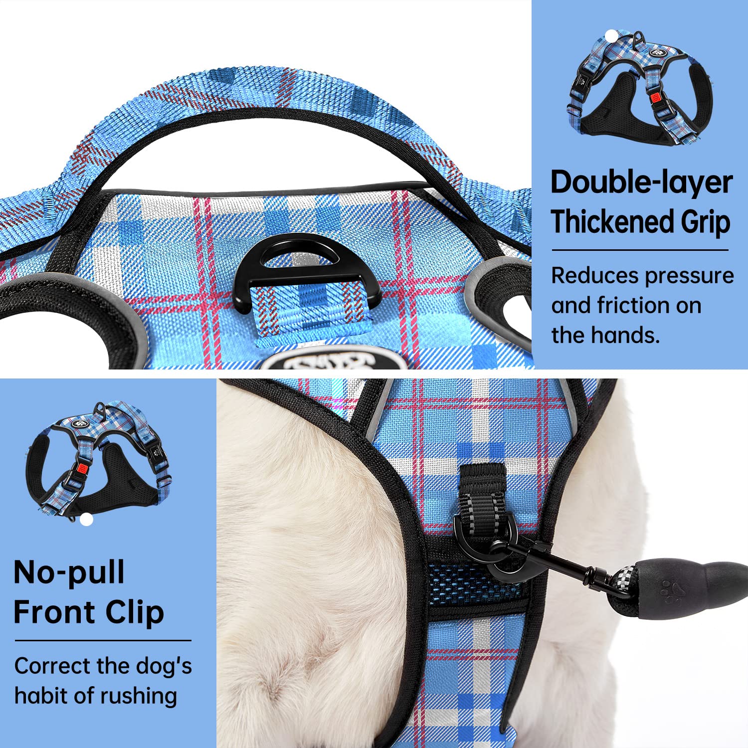 IVY&LANE Adjustable straps on checkered blue close-up shows secure fit