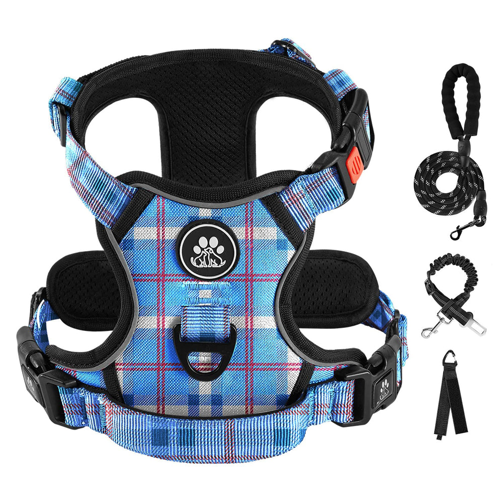 IVY&LANE No Pull Harness front view in checkered blue enhances walk-control