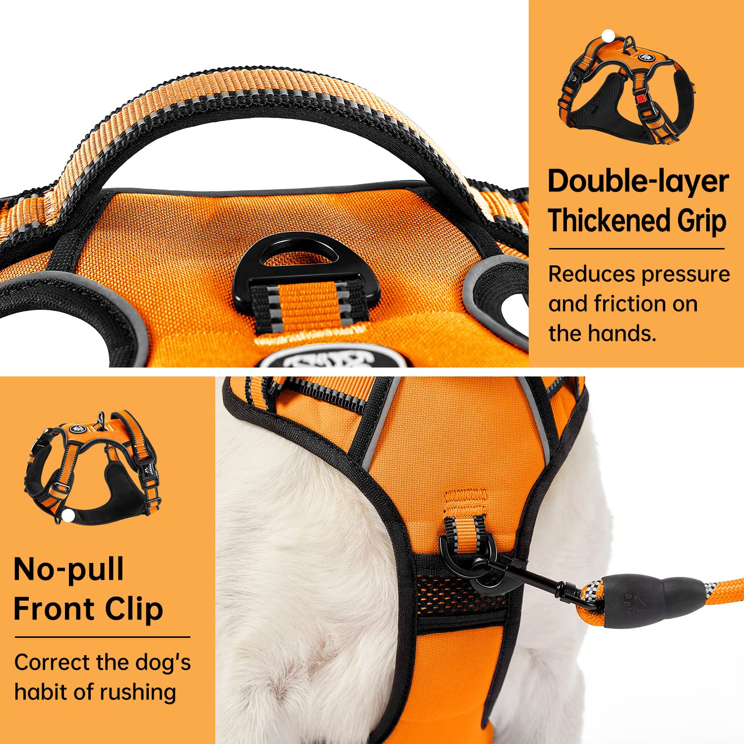 IVY&LANE No Pull Harness orange reflective strip improves night visibility.