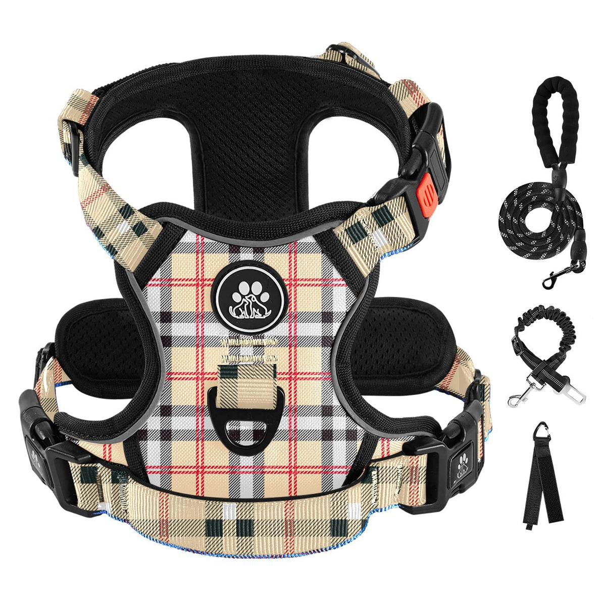 IVY&LANE No Pull harness in checkered beige XL supports comfortable large-dog walks