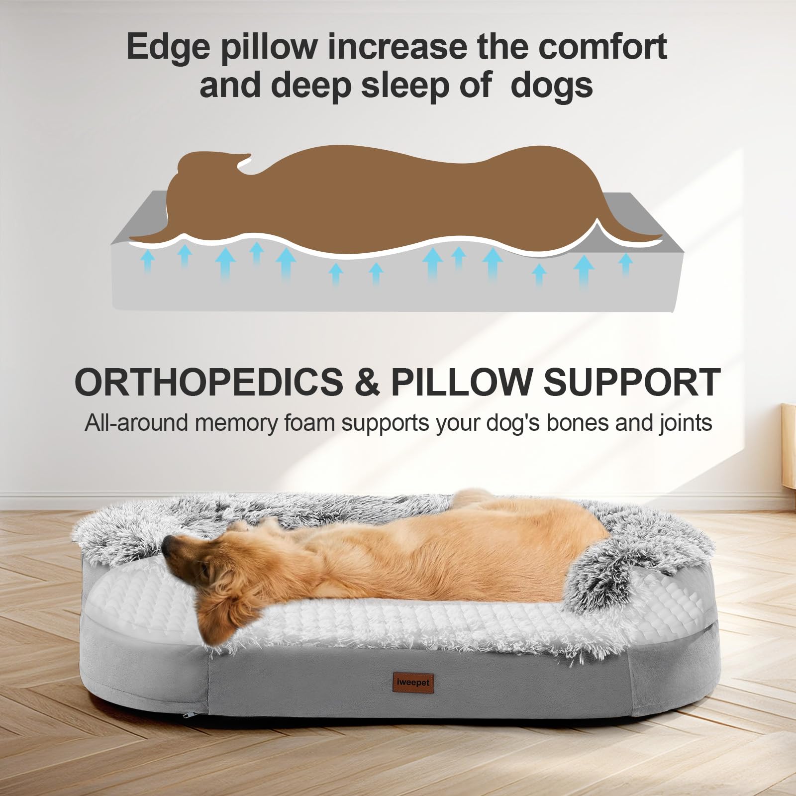 Iweepet orthopedic bolster supports head and neck for secure rest.