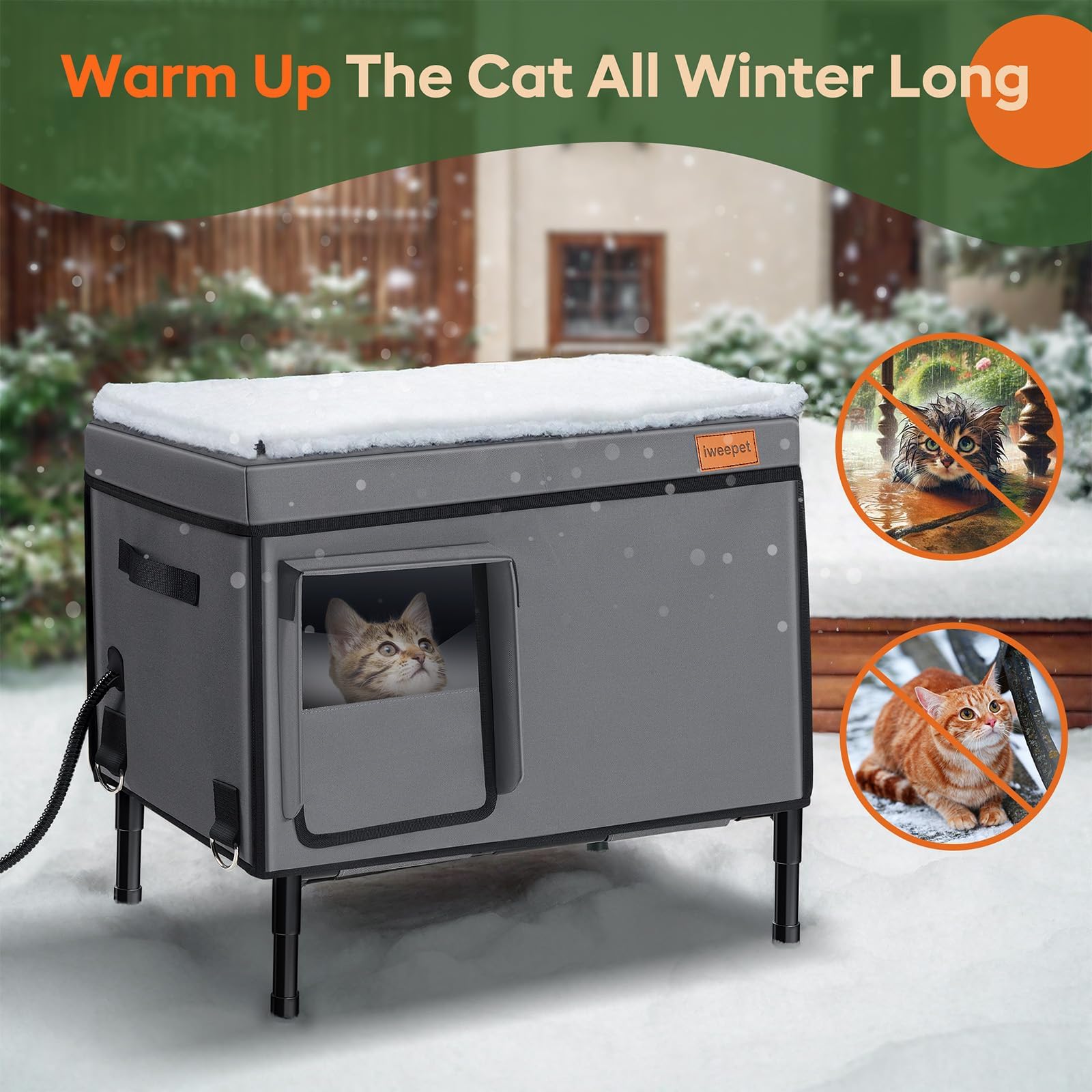 iweepet weatherproof heated cat house side view shows quick setup in minutes