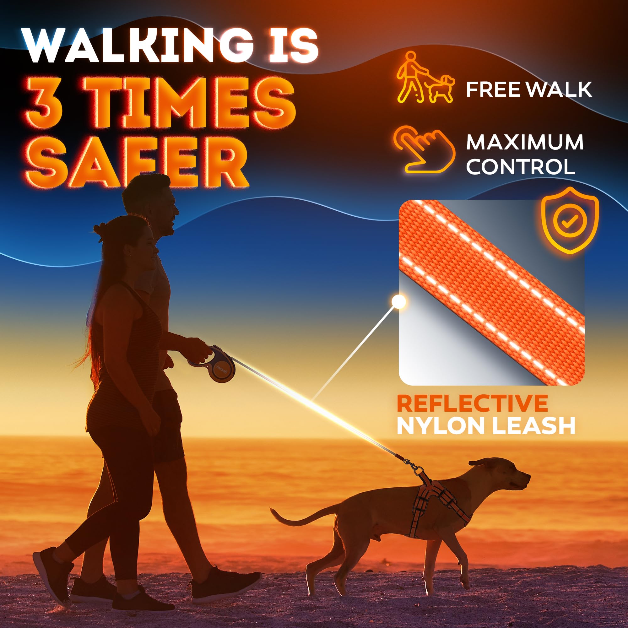 IWOOFI heavy-duty orange leash close-up shows durable shell and braking