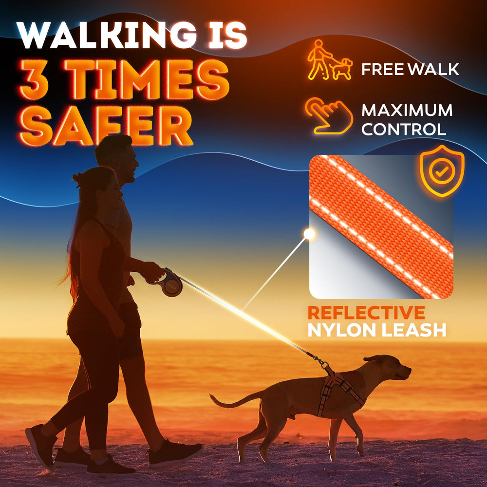 IWOOFI heavy-duty orange leash close-up shows durable shell and braking