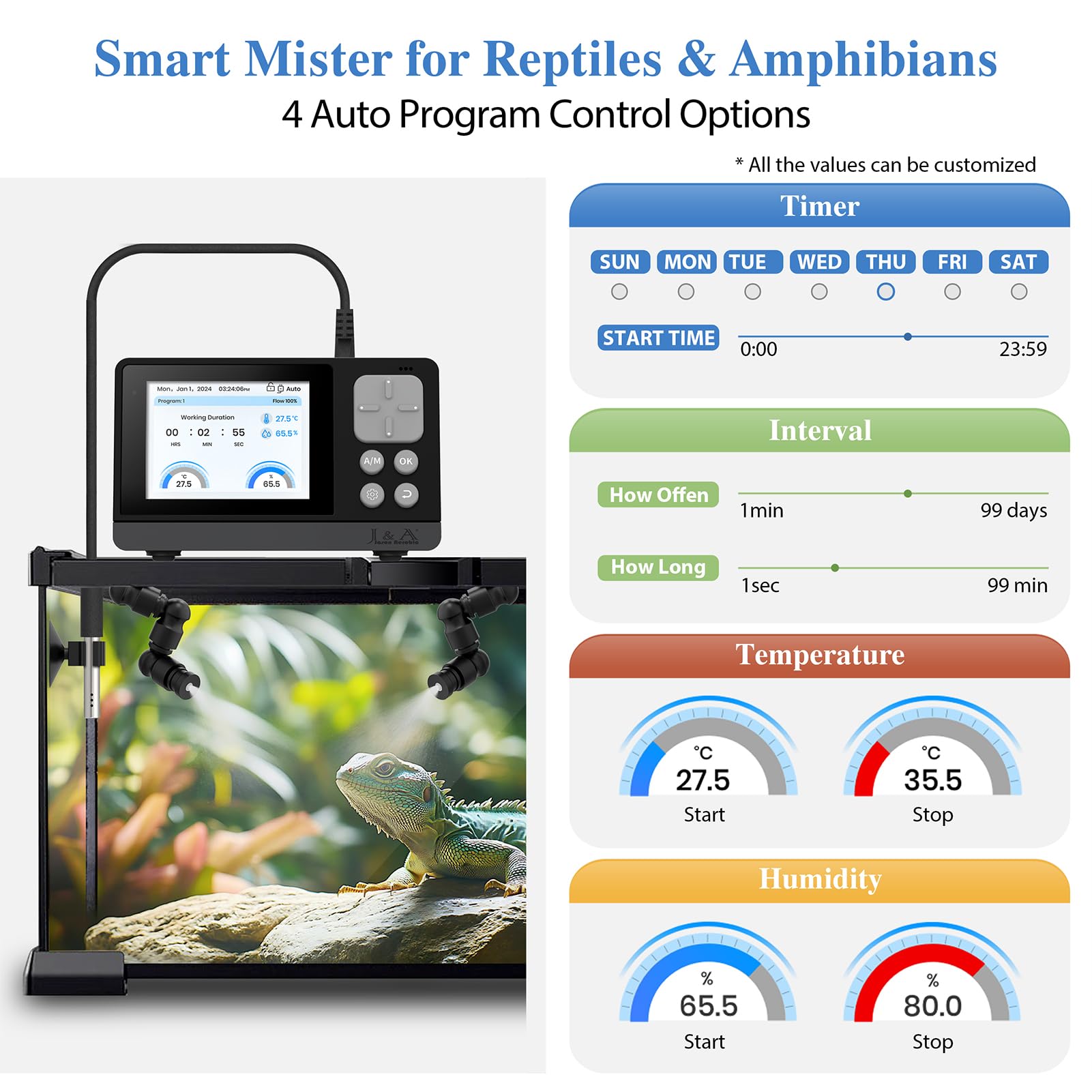J&A Smart Reptile Mister programmable timer enables flexible misting schedules.