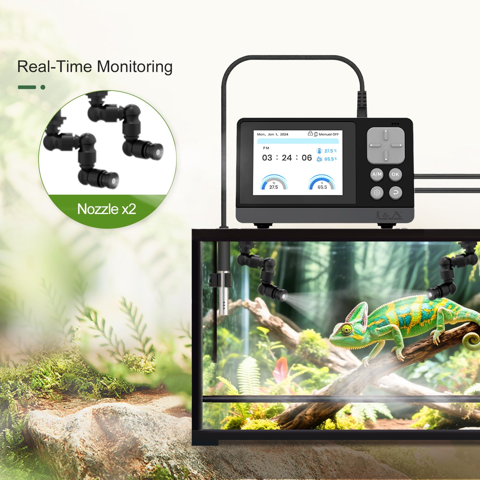 J&A Smart Reptile Mister sensor probe provides real-time temperature and humidity monitoring.