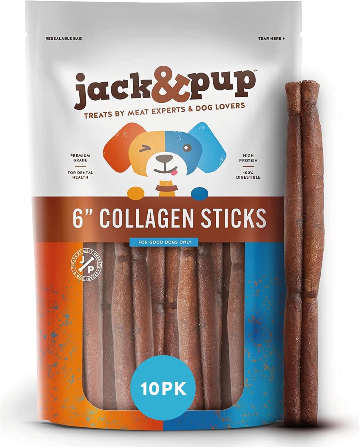 Jack&Pup 6-inch collagen-stick pack on shelf emphasizes long-lasting chew for dogs