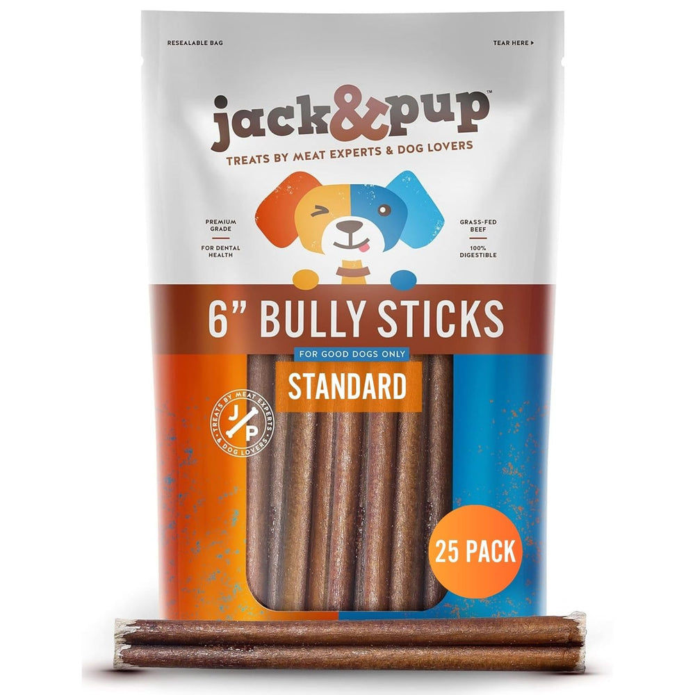 Jack&Pup 6 Inch Bully Sticks packaging highlighting odor-free formula for mess-free rewards.