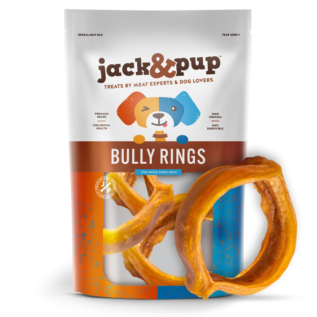 Jack&Pup Bully Rings 8-pack shown as long-lasting chew for dogs