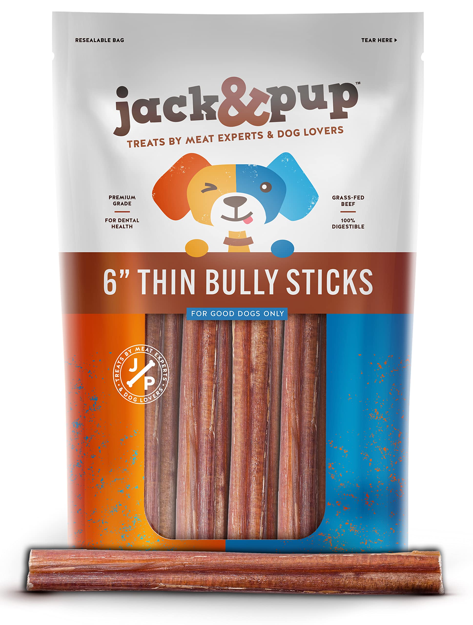 Jack&Pup 6-inch thin bully sticks packaging with reseal for fresh storage.