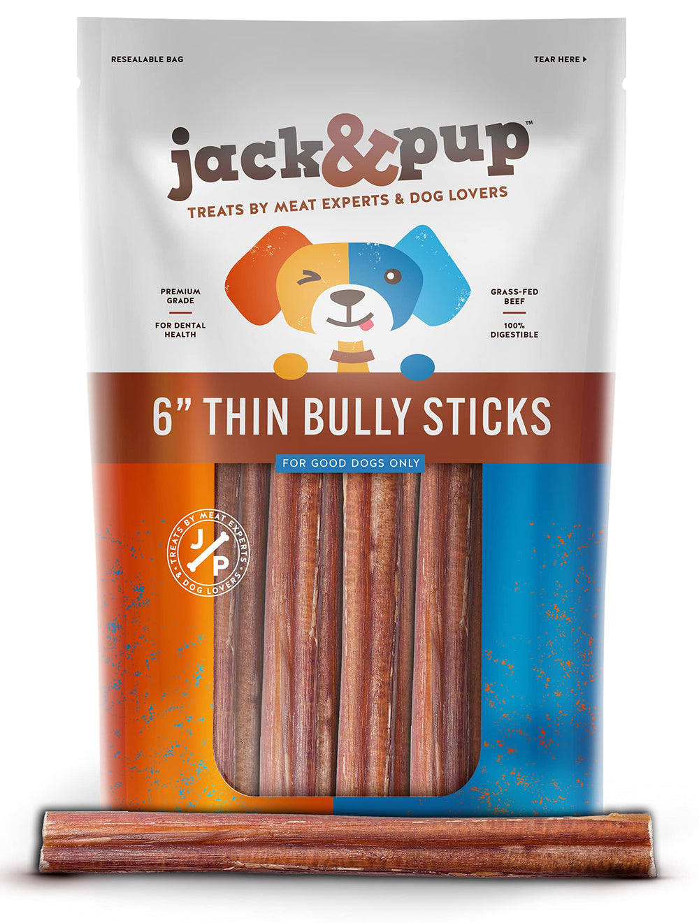 Jack&Pup 6-inch thin bully sticks packaging with reseal for fresh storage.