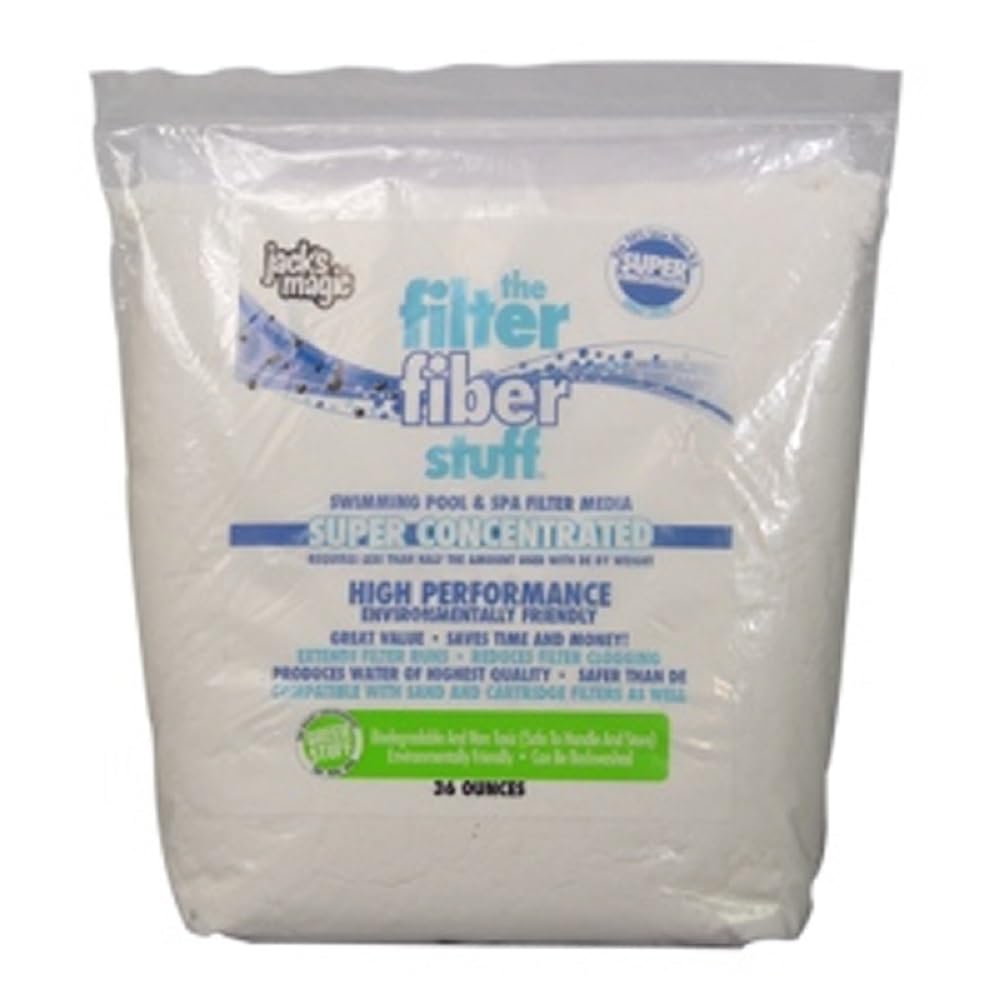 Jack's Magic The Filter Fiber Stuff bottle close-up, easy dosing for safer filter upgrades.