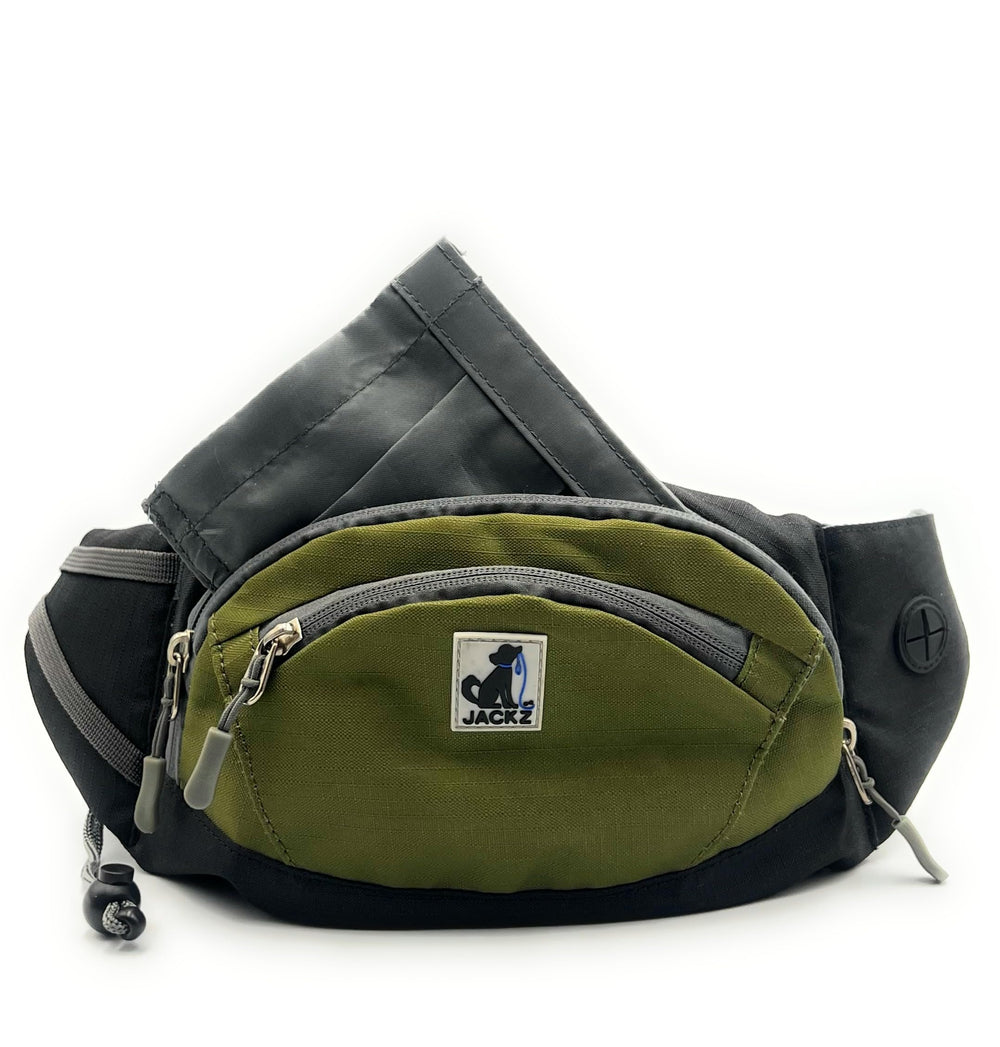 JackZ dog treat pouch with green strap for on-the-go training