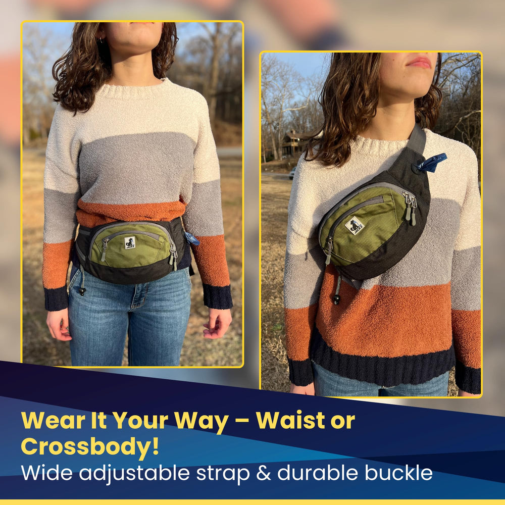 JackZ dog treat pouch worn as crossbody or waist bag for versatility
