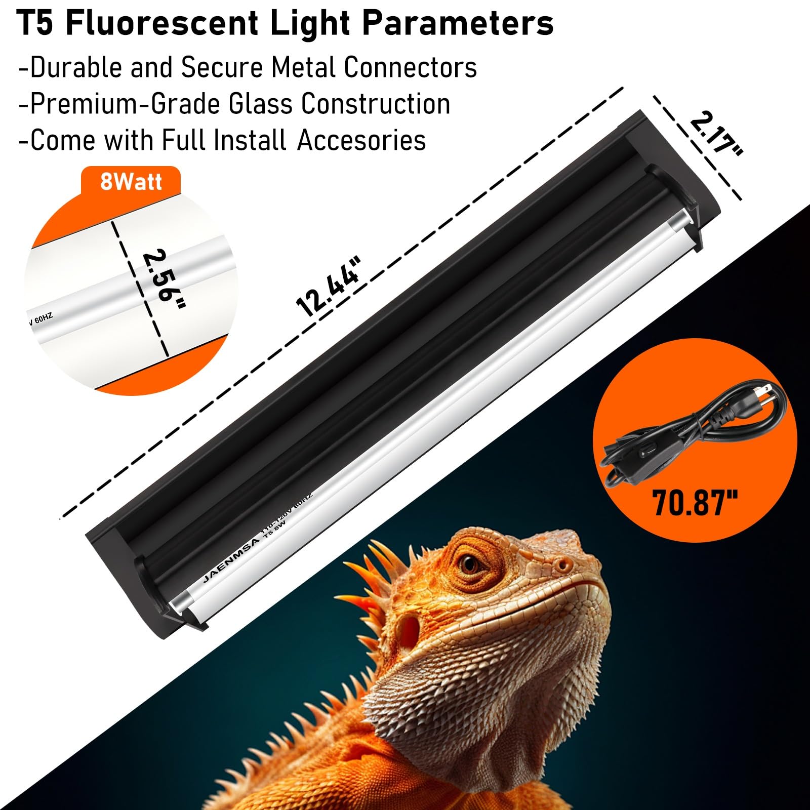 Close-up of Jaenmsa T5 12-inch UVB tube illuminating the habitat