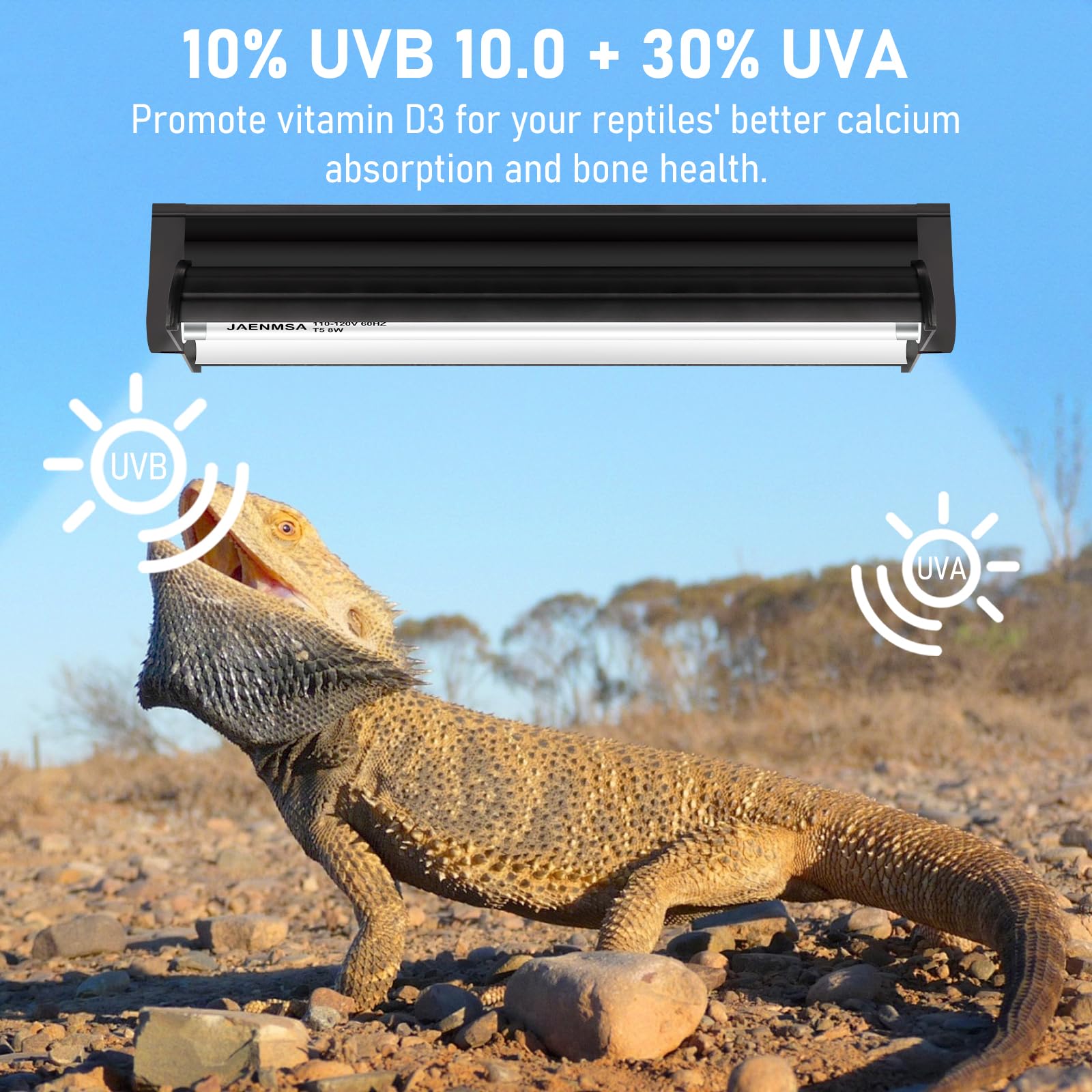 Jaenmsa T5 UVB fixture above leopard gecko terrarium for natural behaviors