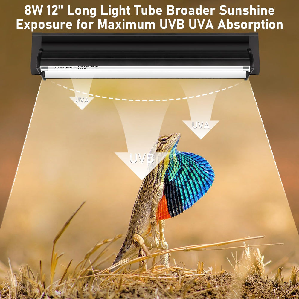Jaenmsa T5 UVB fixture near a tortoise enclosure highlighting warm basking zone