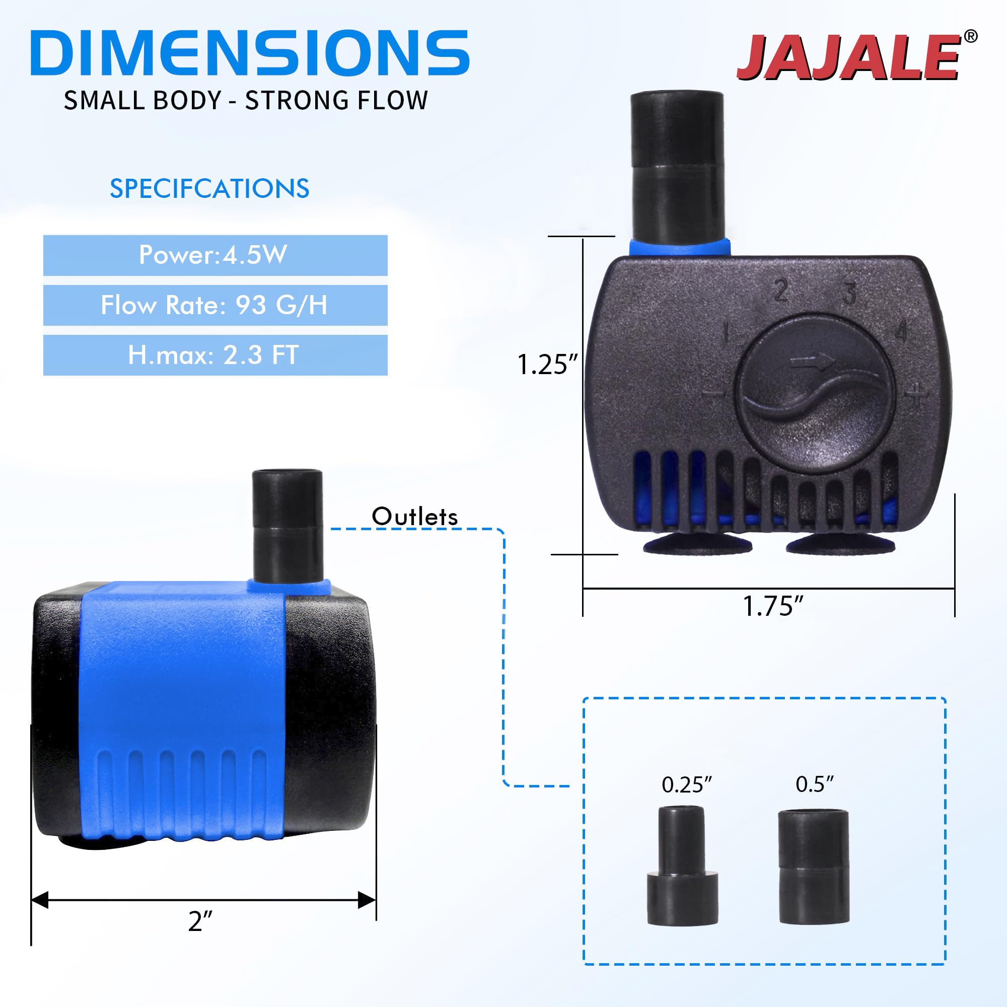 JAJALE 80GPH pump shown for easy, tool-free aquarium setup and maintenance.