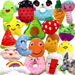 Jalousie 18-pack dog squeaky toys laid out showing bulk value and variety.