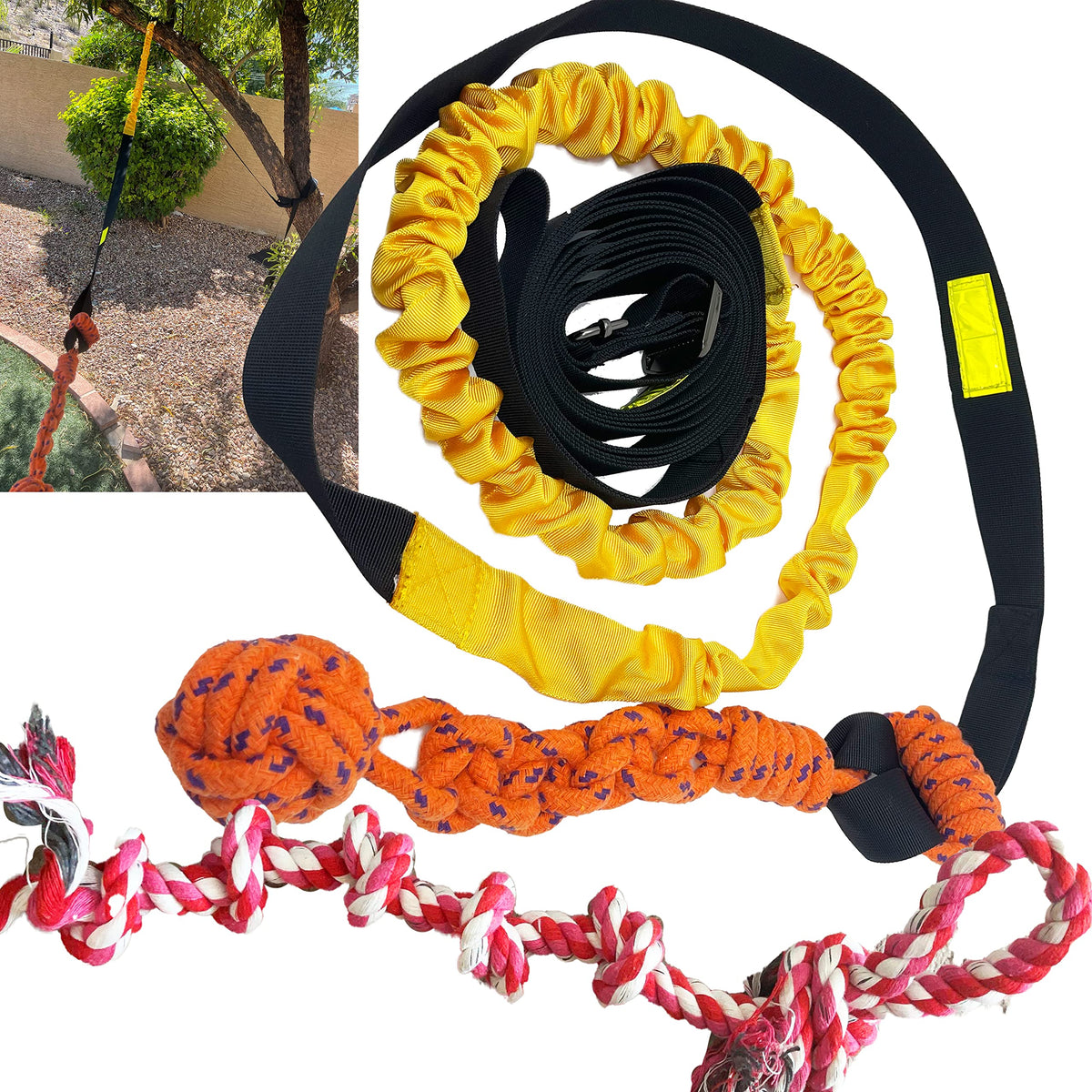 Jalousie Dog Bungee Toy full-length rope for extended outdoor tug play.