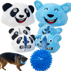 Jalousie Panda N' Rabbit squeaky toy set in bright colors for interactive play.