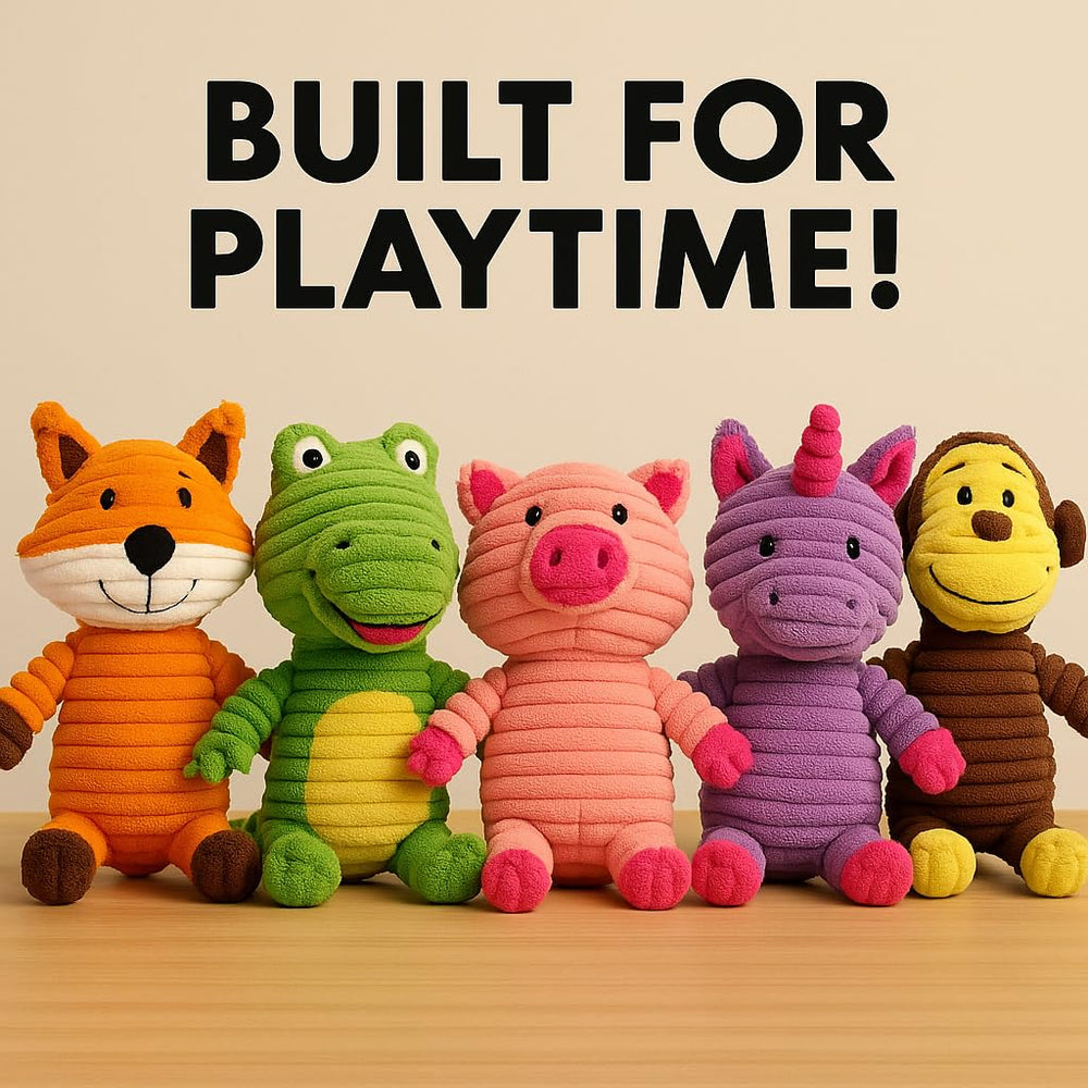 Jalousie plush toy reinforced seams for tougher chewers