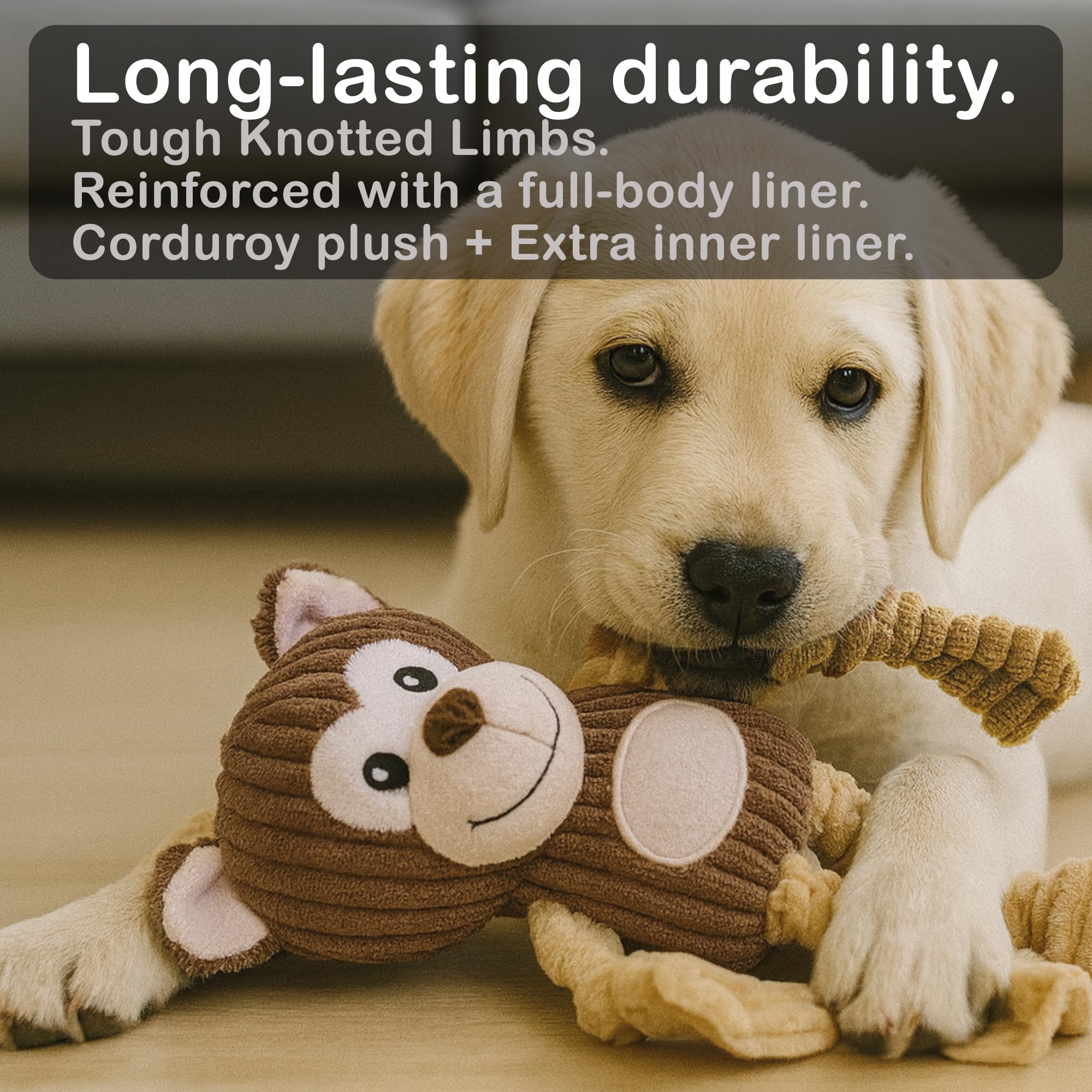Jalousie plush toy includes durable liner for extended play against tough chewers.