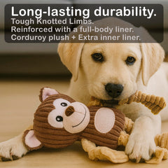 Jalousie plush toy includes durable liner for extended play against tough chewers.