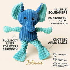 Jalousie knotted plush toy in 5-pack promotes chewing satisfaction for mid-sized to large dogs.