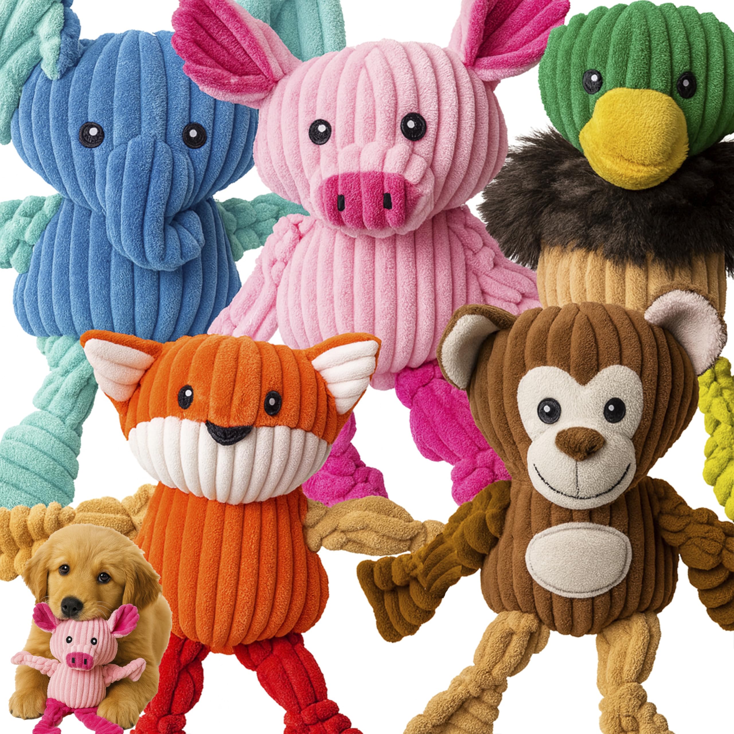 Jalousie plush squeaky toy 5-pack for dogs offers interactive play and enrichment.