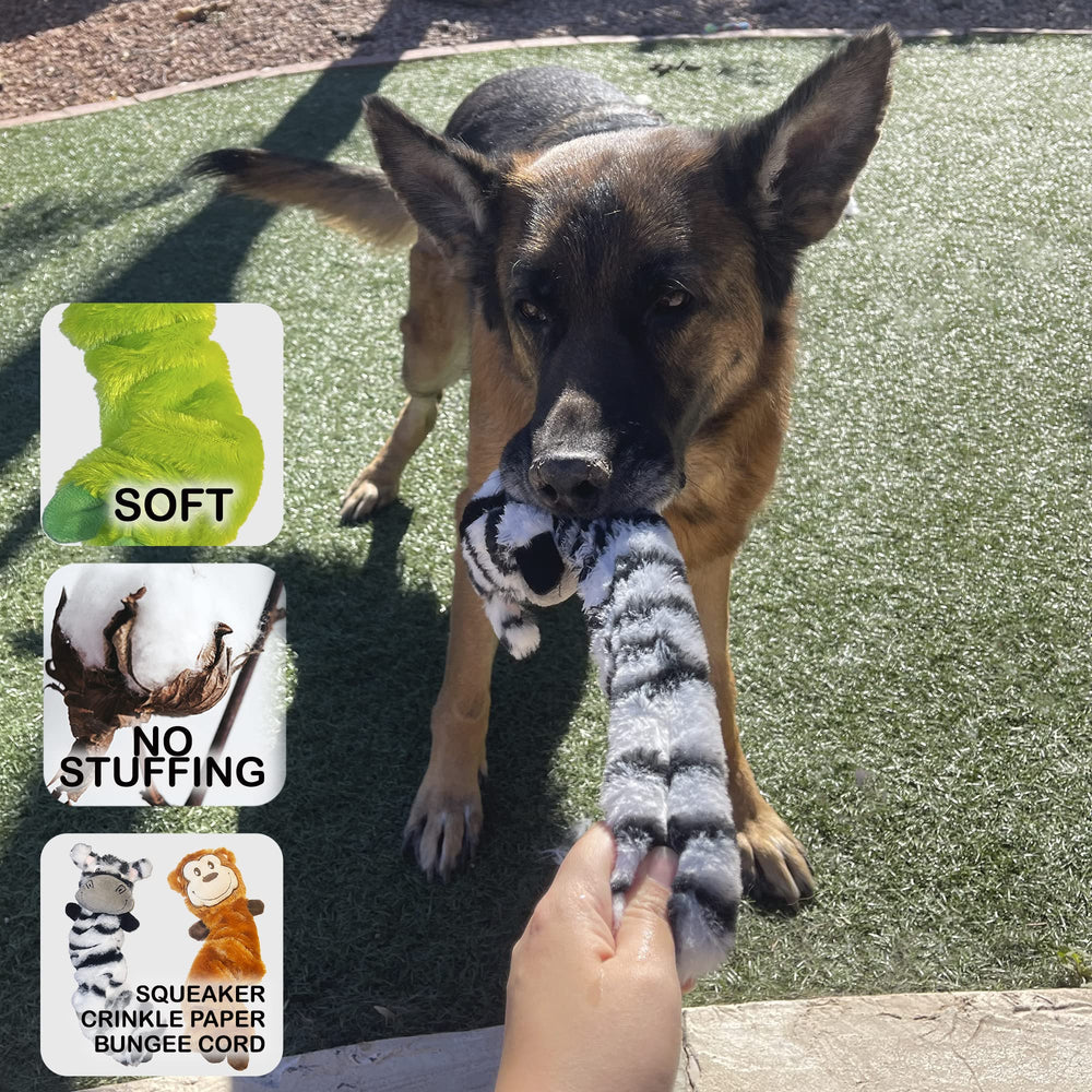 Jalousie stuffingless dog toy with durable liner for safe play with medium and large dogs.