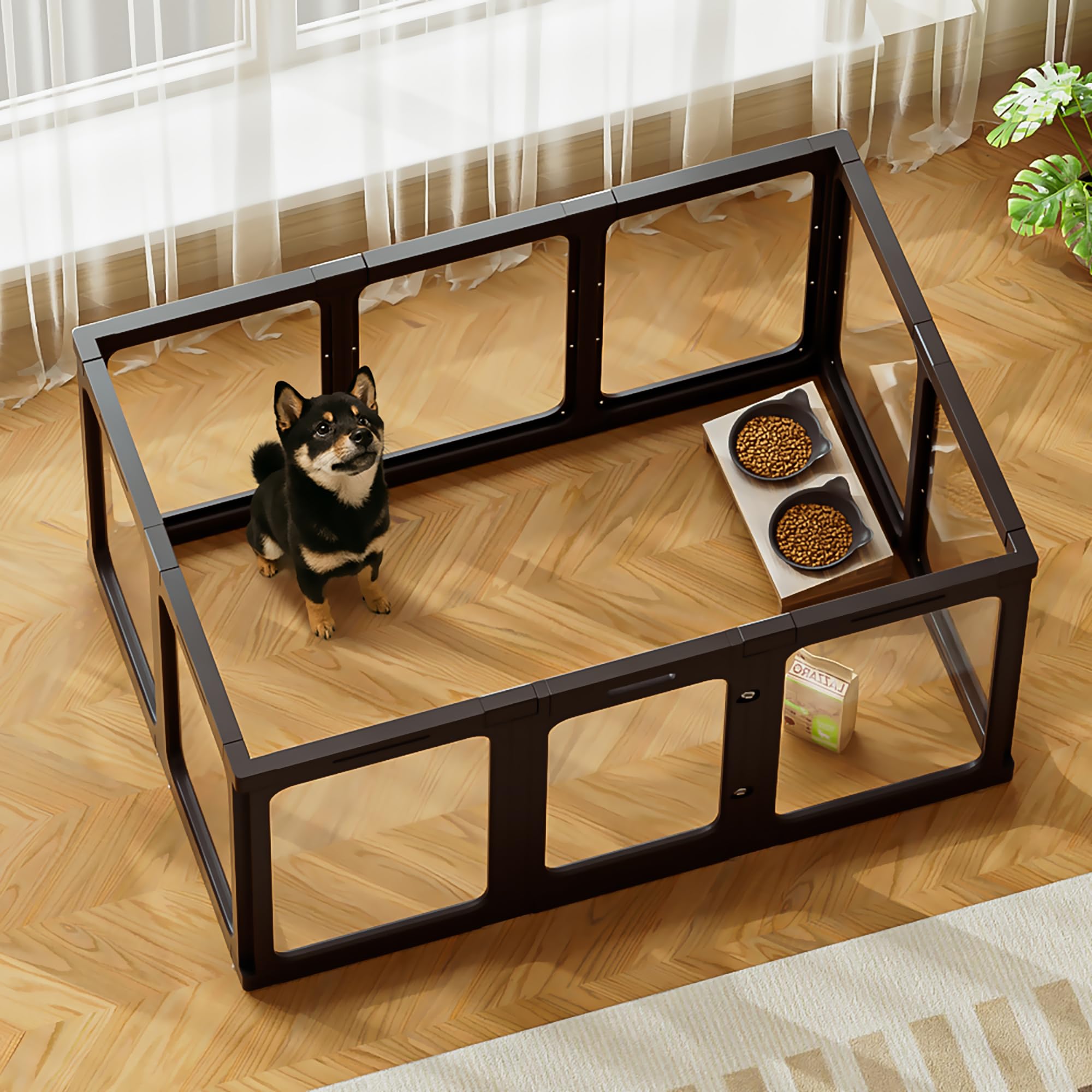 Jalove acrylic dog playpen assembled panels offer a spacious indoor space for supervision.