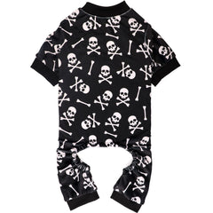 Jamktepat dog pajamas with skulls crossbones pattern for festive style and cozy warmth.