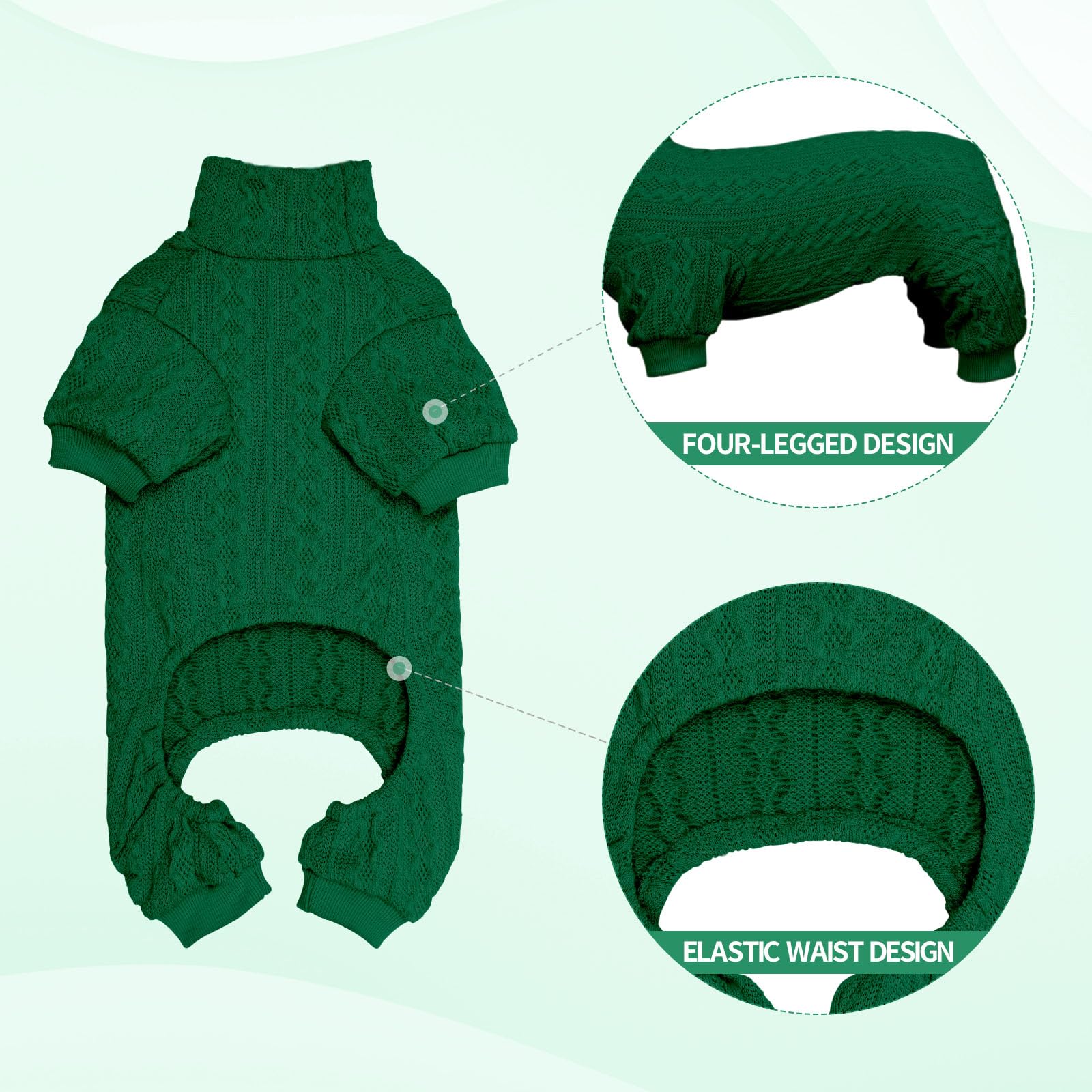 Jamktepat dog sweater turtleneck green collar close-up shows breathable ribbed cuffs.