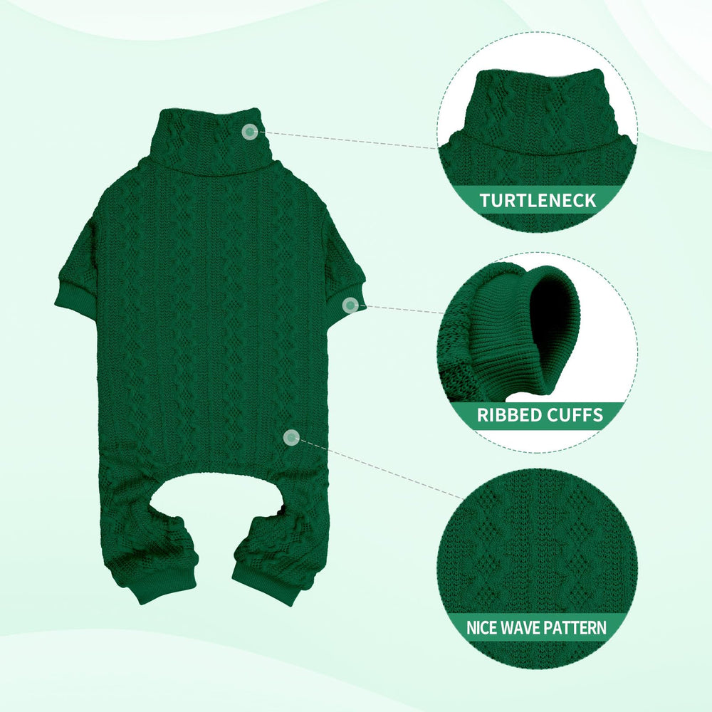 Jamktepat dog sweater turtleneck green on-dog wear demonstrates easy on/off for pets.
