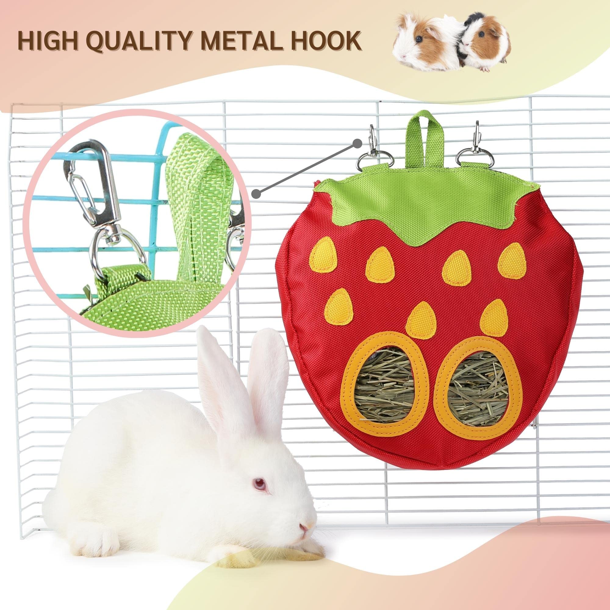 JanYoo clean cage benefits from a hanging hay rack that reduces mess.