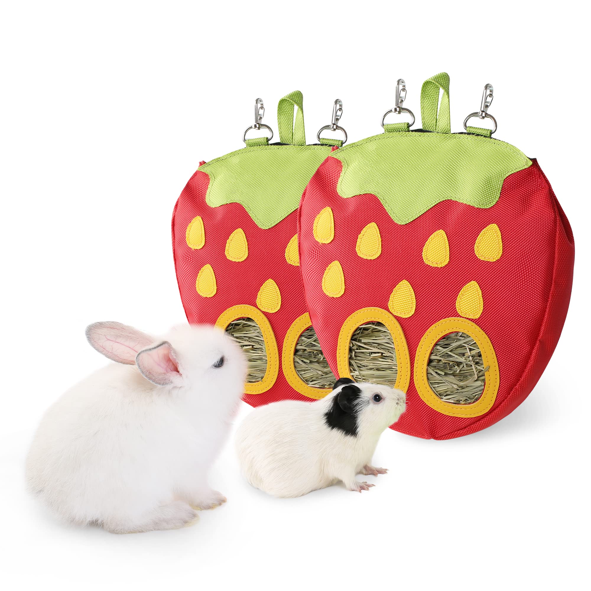JanYoo hay rack hanging bag keeps cages tidy and reduces waste.