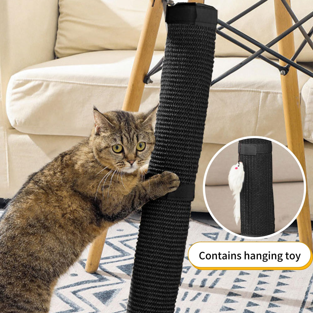 JanYoo sisal cat scratcher mat with hanging plush toy close-up for enrichment.