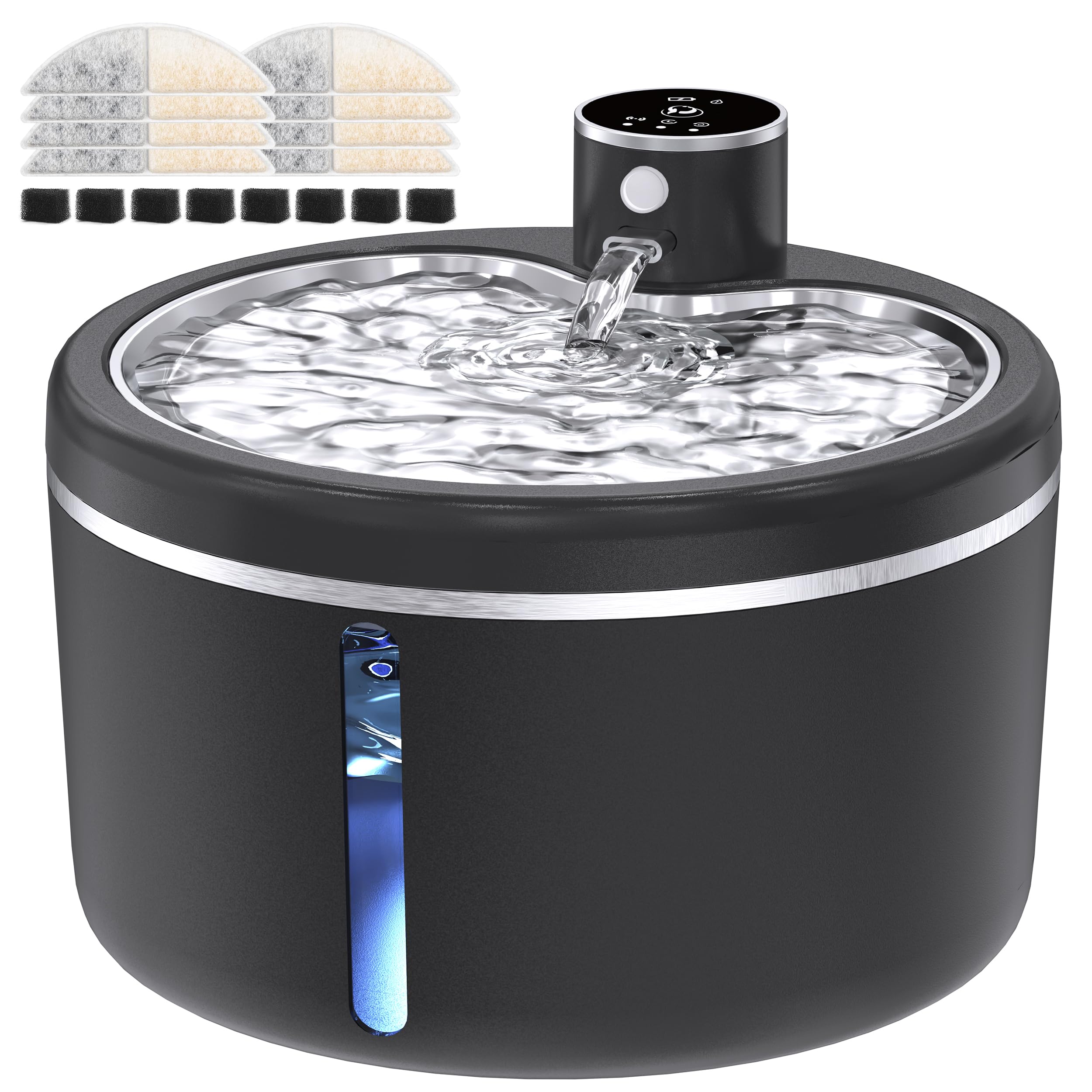 Jaojcoe cat water fountain cordless 108oz side view portable for cord-free placement.