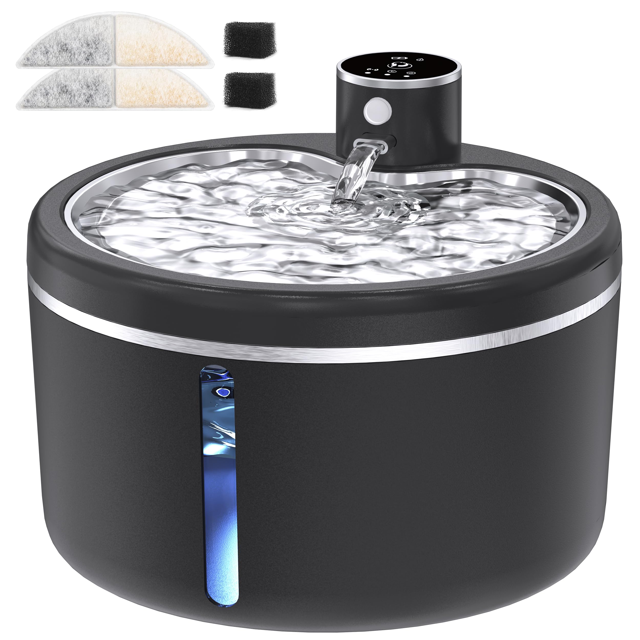 Jaojcoe cordless fountain side view showing compact placement options