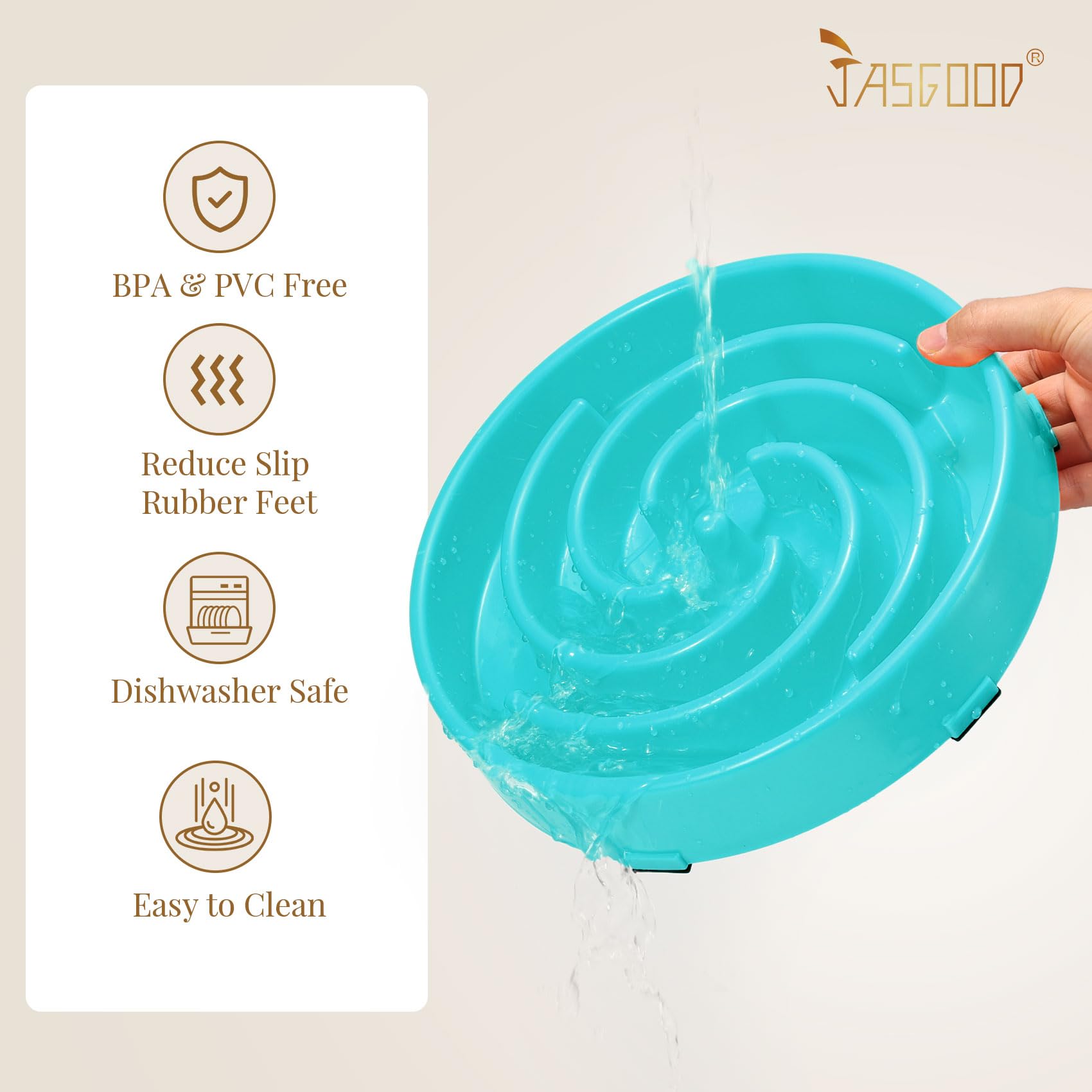 JASGOOD dishwasher-safe label close-up suggests easy cleaning after meals.