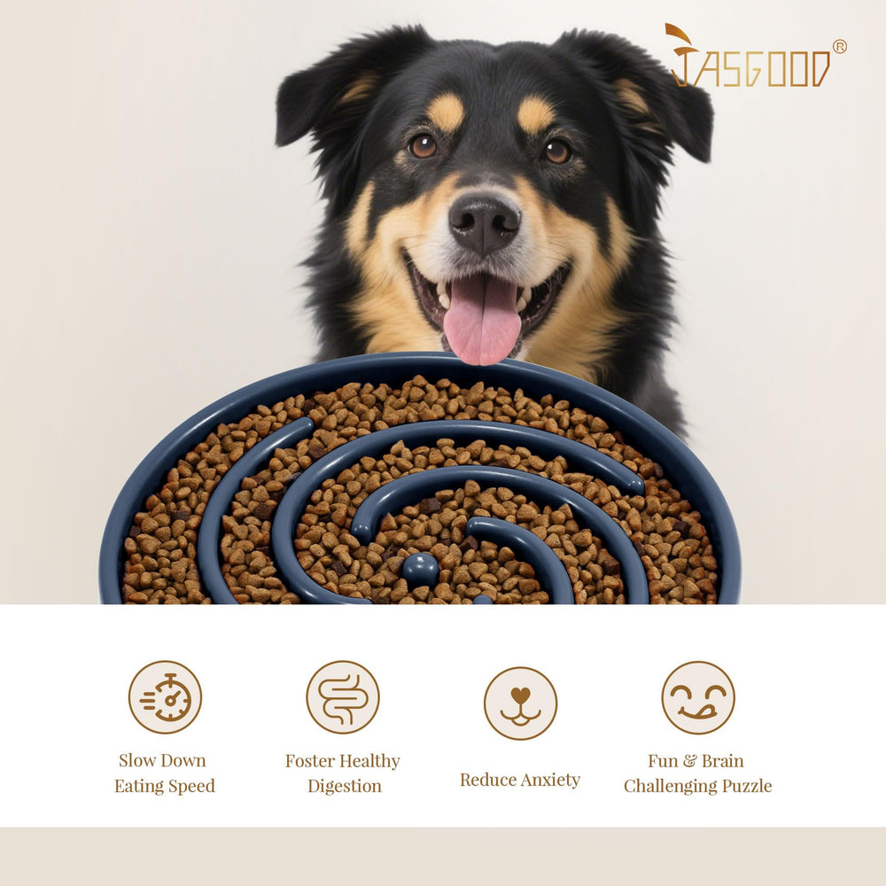 JASGOOD slow feeder bowl available in black, blue, pink, and gray colors.